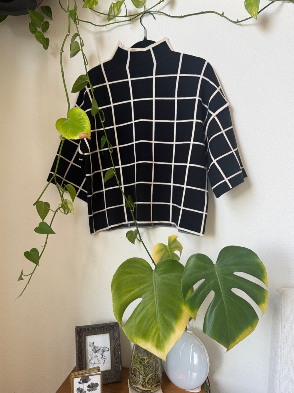 Black Windowpane Knit Mock Neck Top